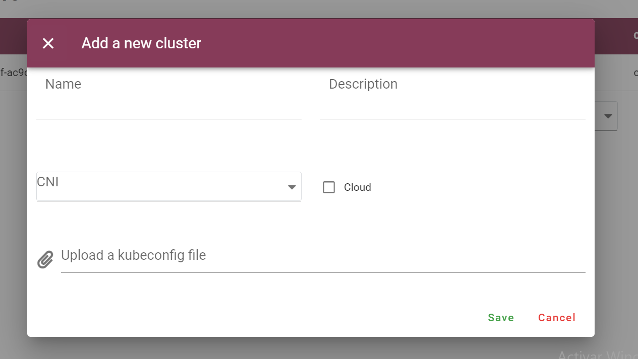 Register a new K8s cluster uploading a Kubeconfig file